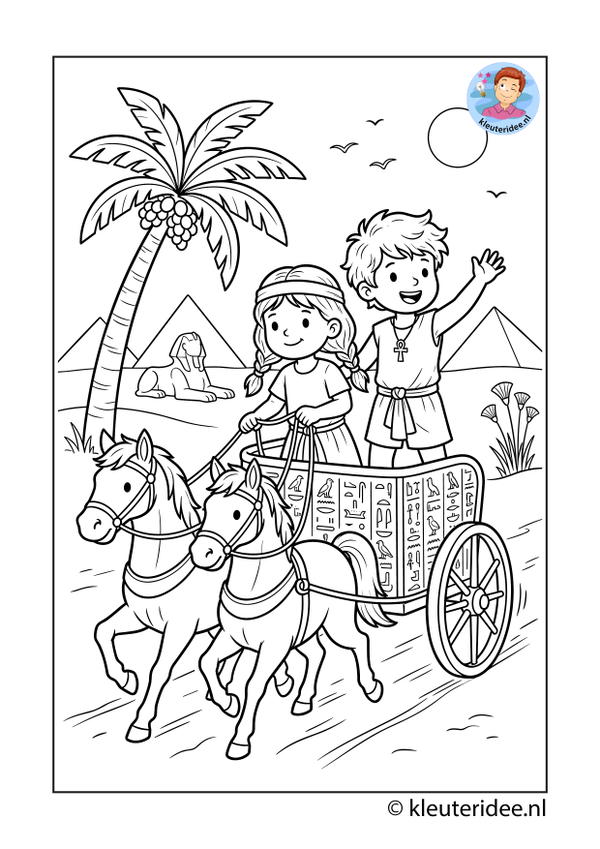 kleurplaat strijdwagen thema Egypte kleuteridee 